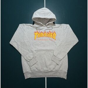 Thrasher Skateboard Magazine Hoodie Sweatshirt Men's Small Gray Flames Logo